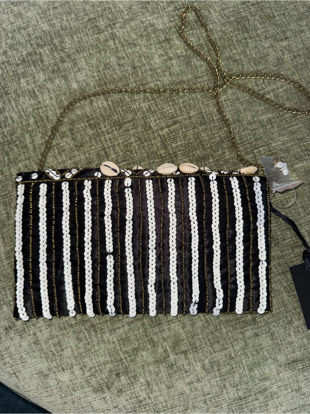 NWT Clements Ribeiro Black Embellished Seashell Crossbody Bag Beige Sequin Beads - Picture 8 of 8